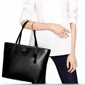 Kate Spade Black Leather Sawyer Tote Bag with Bow Charm